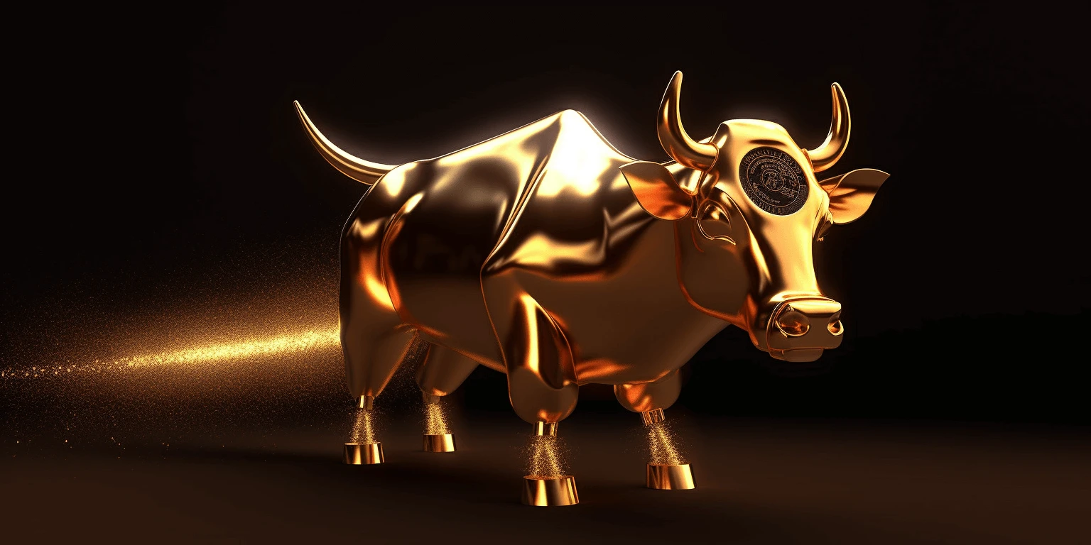 Golden bull with bitcoin logo and laser eyes, art generated by Midjourney. 