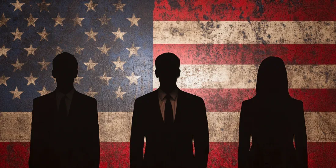 Silhouettes of three people with faces concealed standing against the American flag