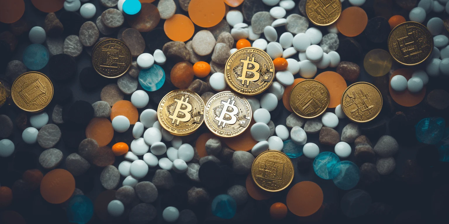 An image showing pills and bitcoin coins mixed together on the floor