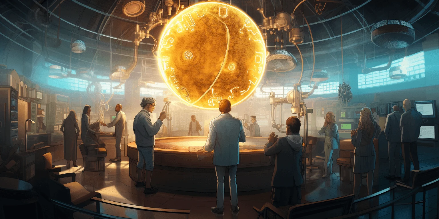 Giant bitcoin in the scientific lab surrounded by scientists, art by Midjourney