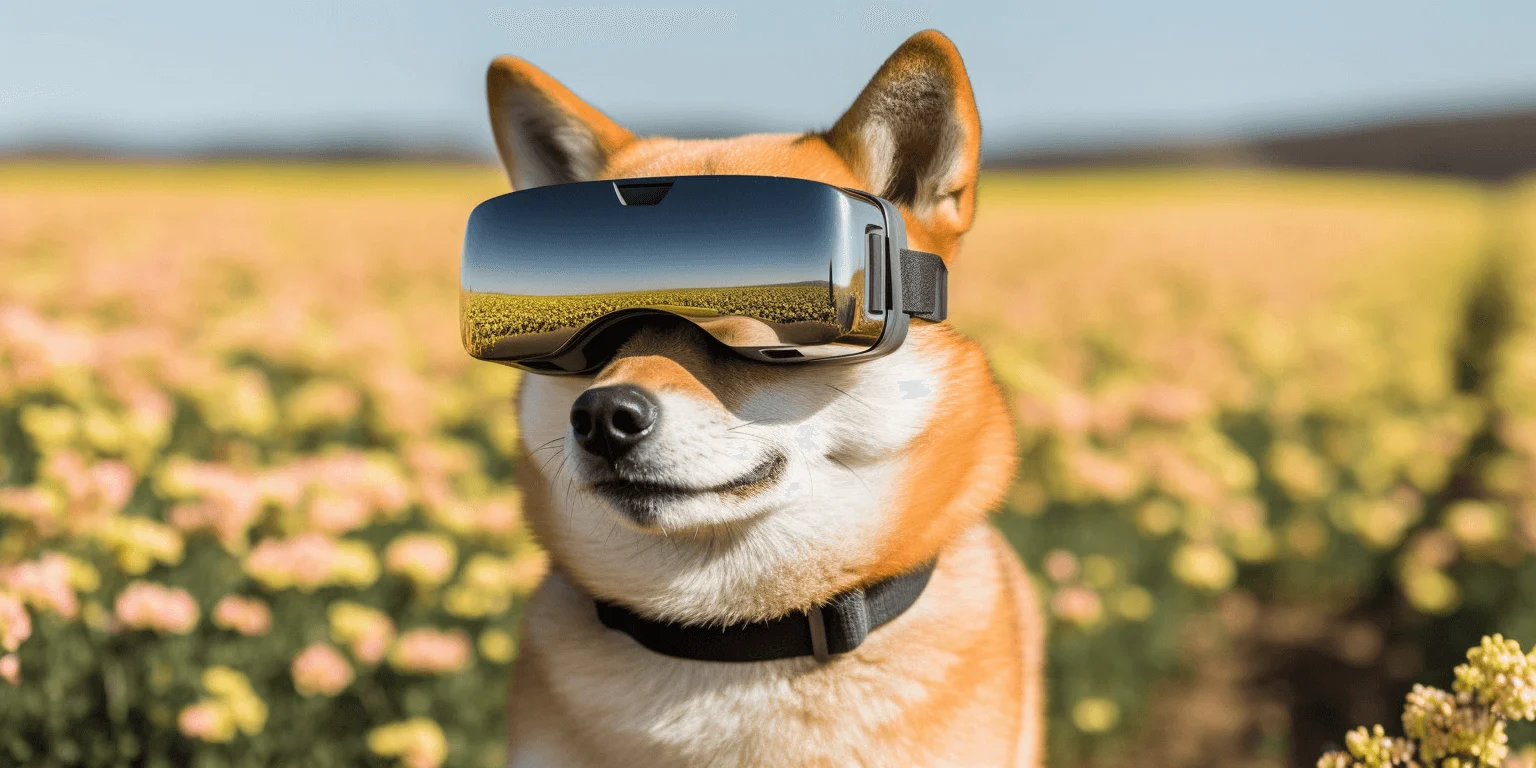 Shiba Inu dog wearing VR goggles
