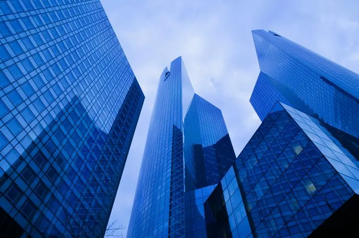 France, Paris, La Defense, Societe Generale exterior, low angle view - stock photo