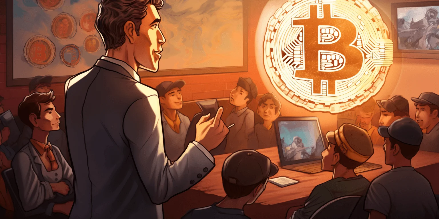 Teacher at school explaining Bitcoin to students, art by Midjourney