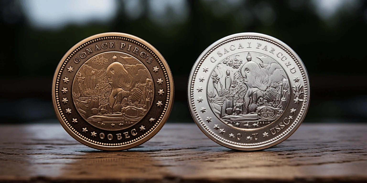 Two coins compared, art by Midjourney. 