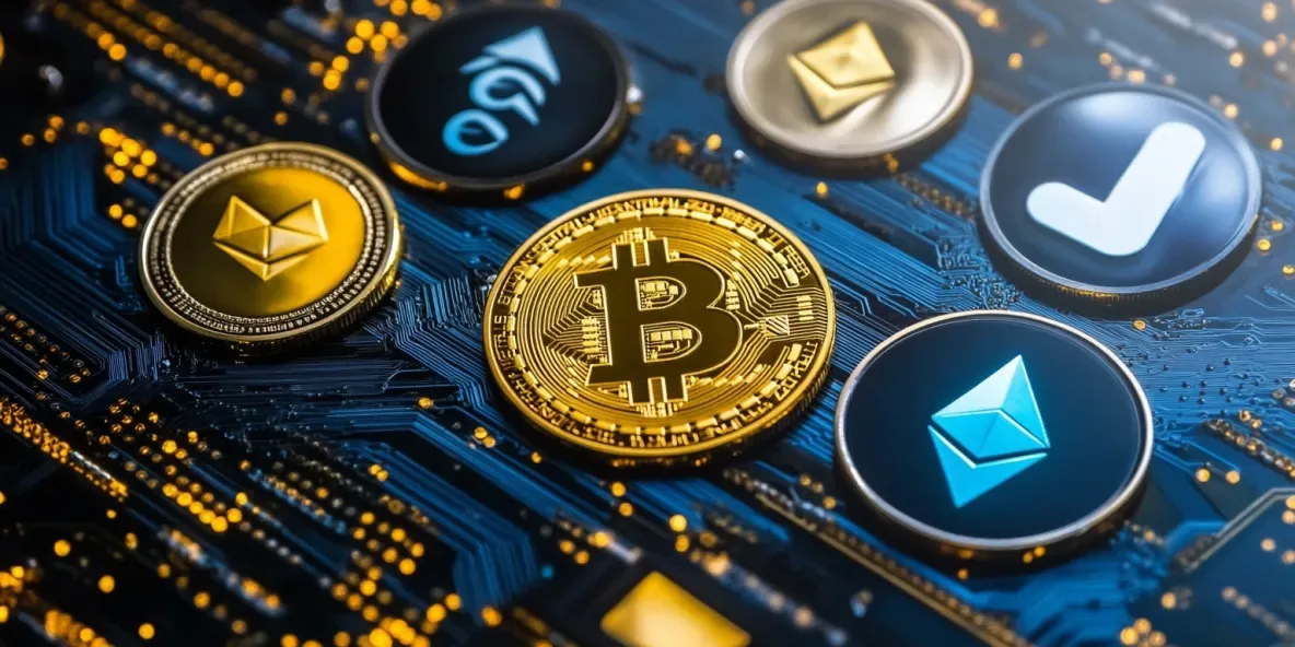 Crypto coins on integrated circuit backdrop
