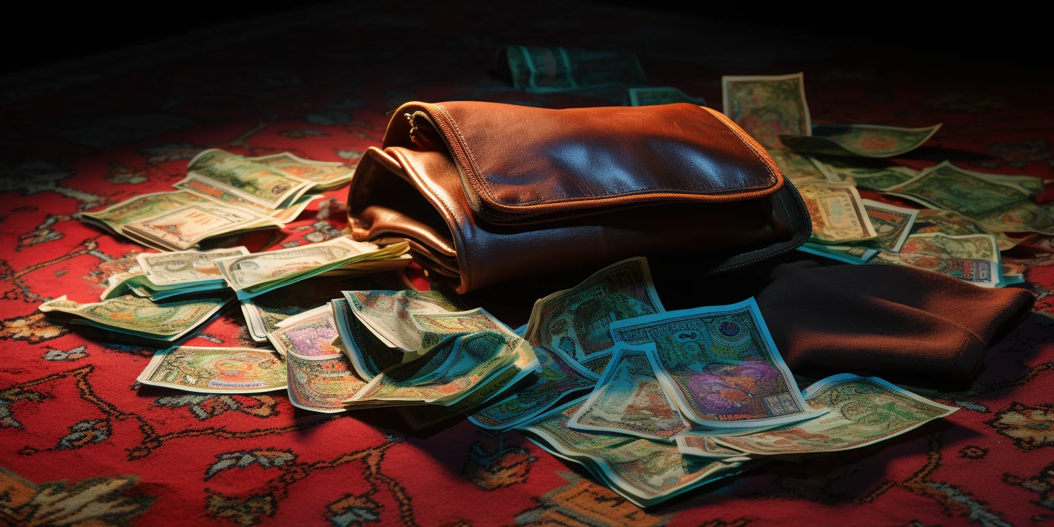 Wallet lying on a carpet surrounded by money