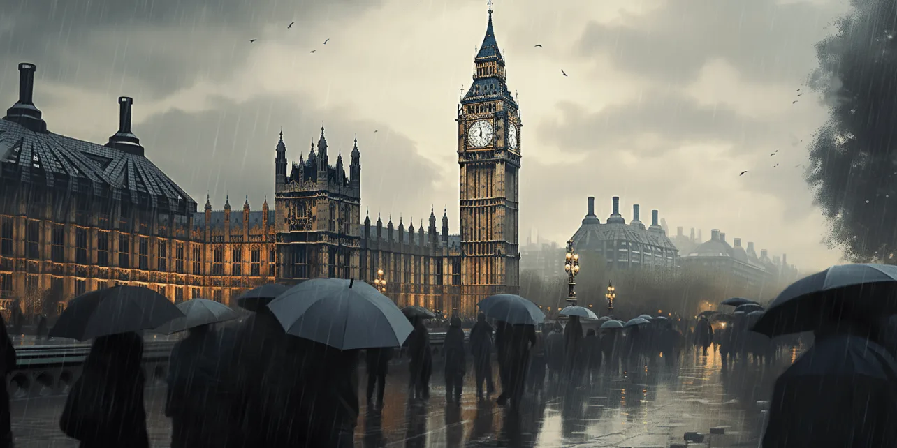 a small group of people under umbrellas, facing Big Ben