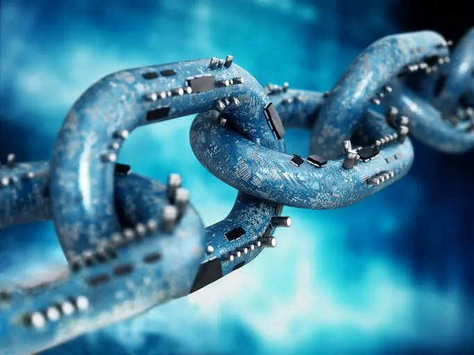 A stock image of a chain with electronic components on it. 