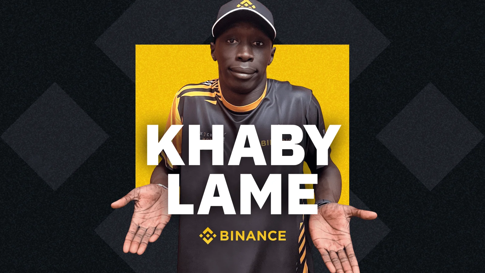 Khaby Lame, clad in Binance merch, showing his signature 'duh' gesture