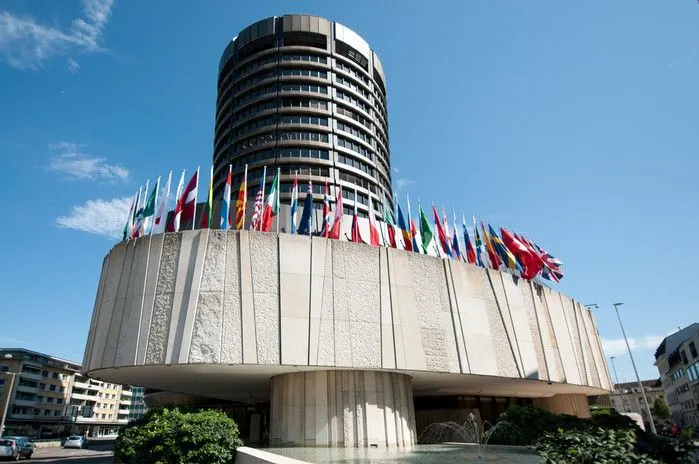 BIS Tower in Basel, Switzerland with flags of member countries