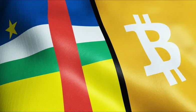 A stock photo of a CAR flag and Bitcoin logo. 