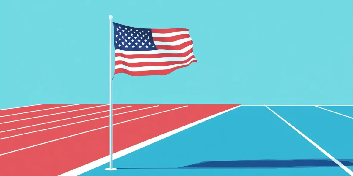 a US flag by a finish line