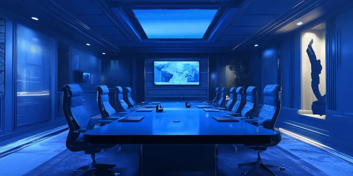 a blue boardroom