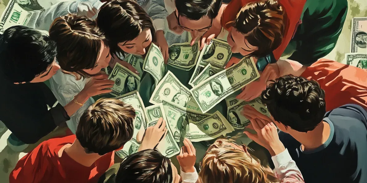 A group of people in a huddle around dollar bills