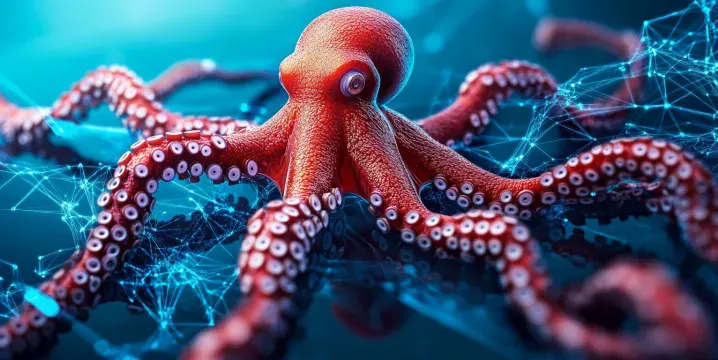 a red octopus surrounded by a blockchain network