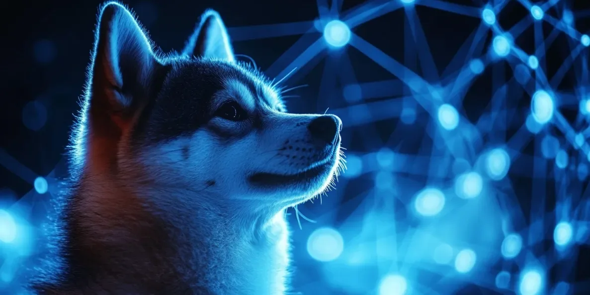 A Shiba Inu dog in front of a blockchain