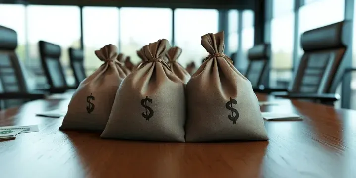 bags of money in a boardroom