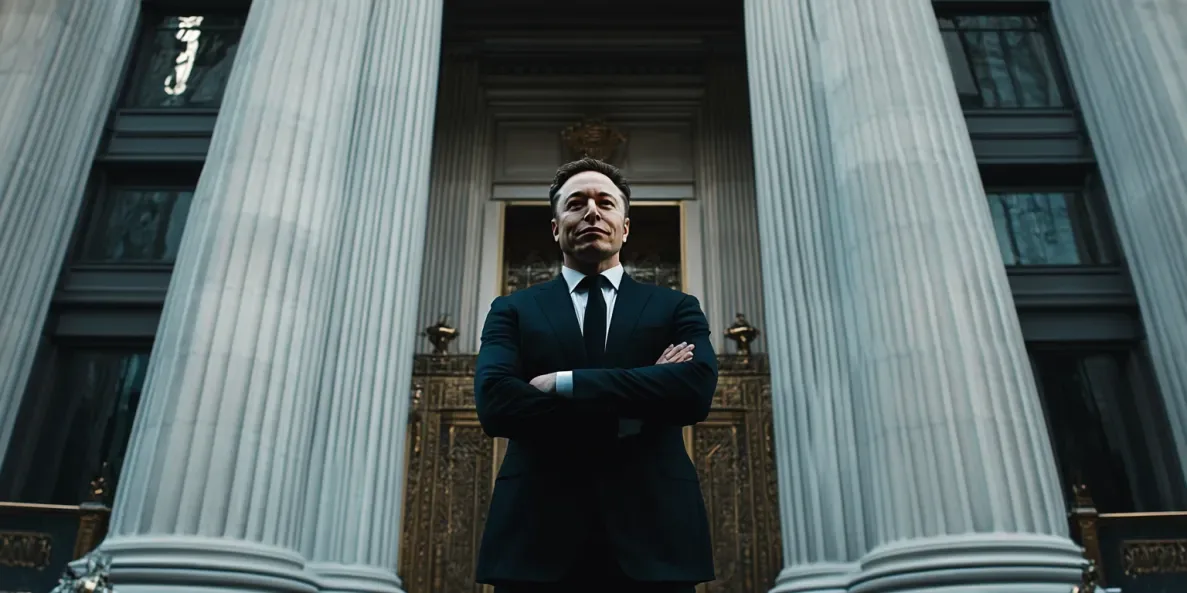 Elon Musk in front of a bank