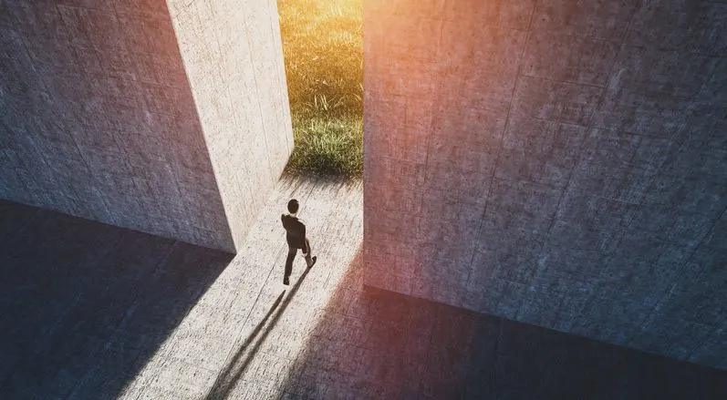 Businessman walking to open gate to a new better green world - stock photo