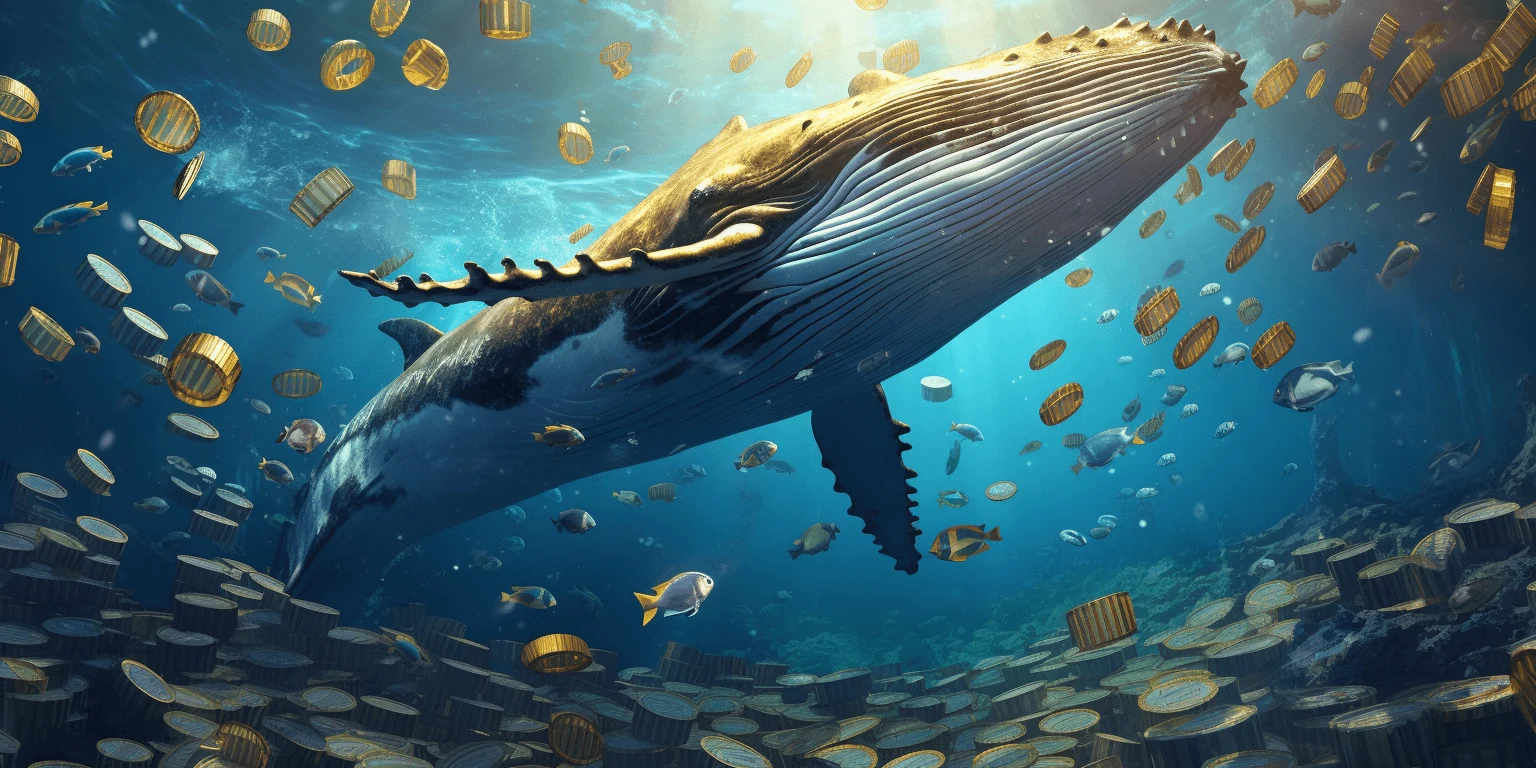 Giant ocean whale swallowing many crypto coins, art by Midjourney