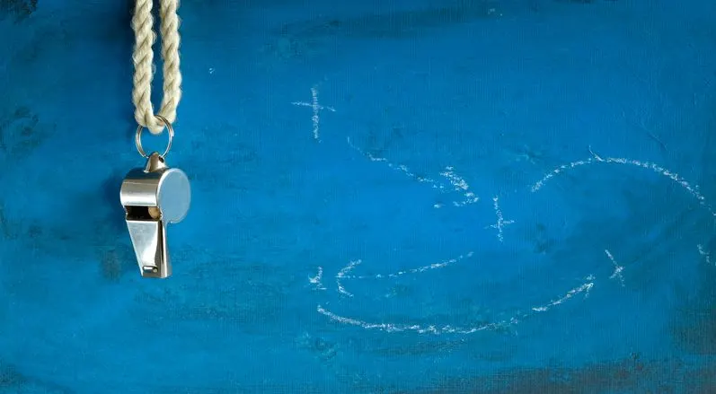 A whistle hanging against a chalkboard