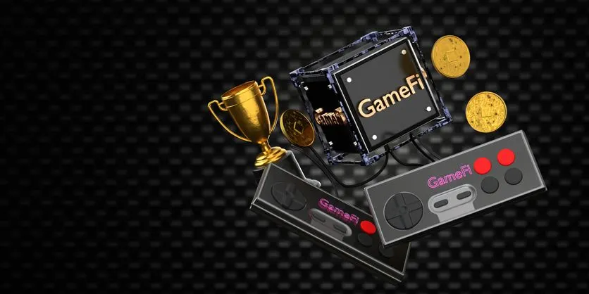 GameFi joystick, coins, trophy, and server