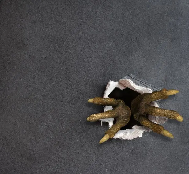 Claws penetrating through a hole in a gray wall