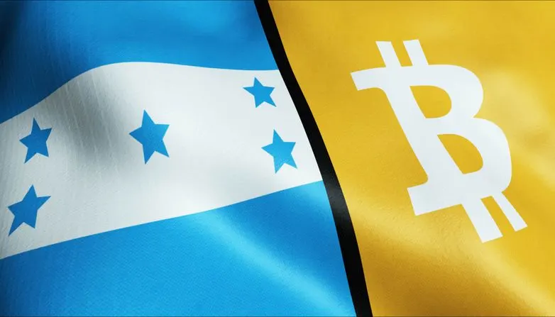 A photo of Honduras flag with Bitcoin logo. 