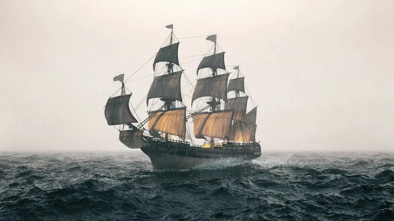 Pirate ship on open sea in stormy weather