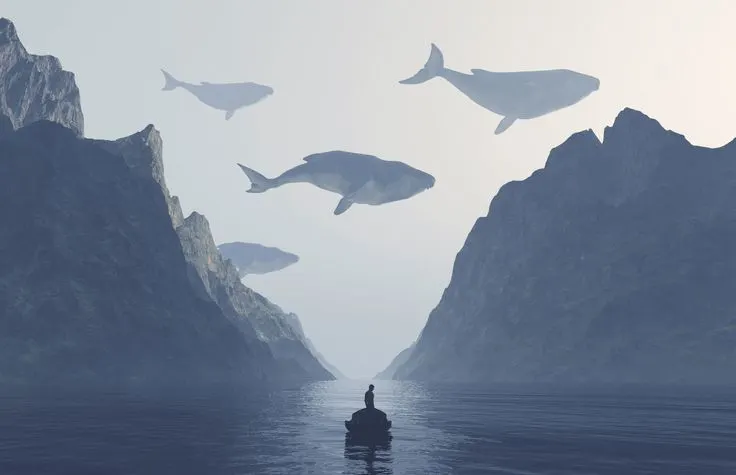 Whales in the sky above a solitary boat