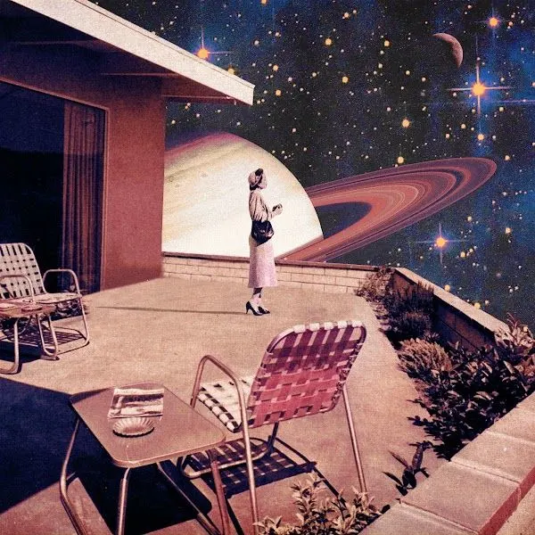 Collage. Woman in mid-century outfit looks out on outer space from a vast terrace.