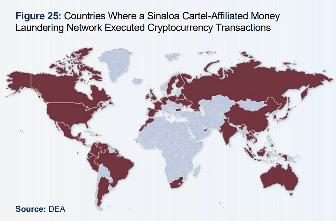 A map of money laundering through cryptocurrencies by the Sinaloa cartel. Source: DEA.