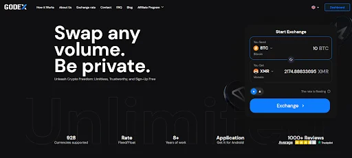 Godex instant cryptocurrency exchange delivering 5-30 minute swaps across 919 coins without registration requirements