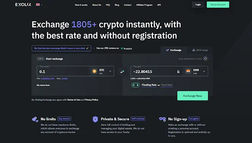 Exolix instant crypto exchange with 10-20 minute fixed-rate swaps across 500 cryptocurrencies