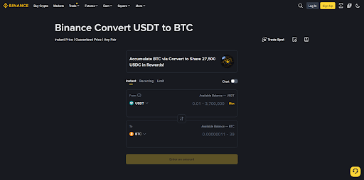 Binance Convert instant crypto exchange completing verified user swaps in under 5 seconds