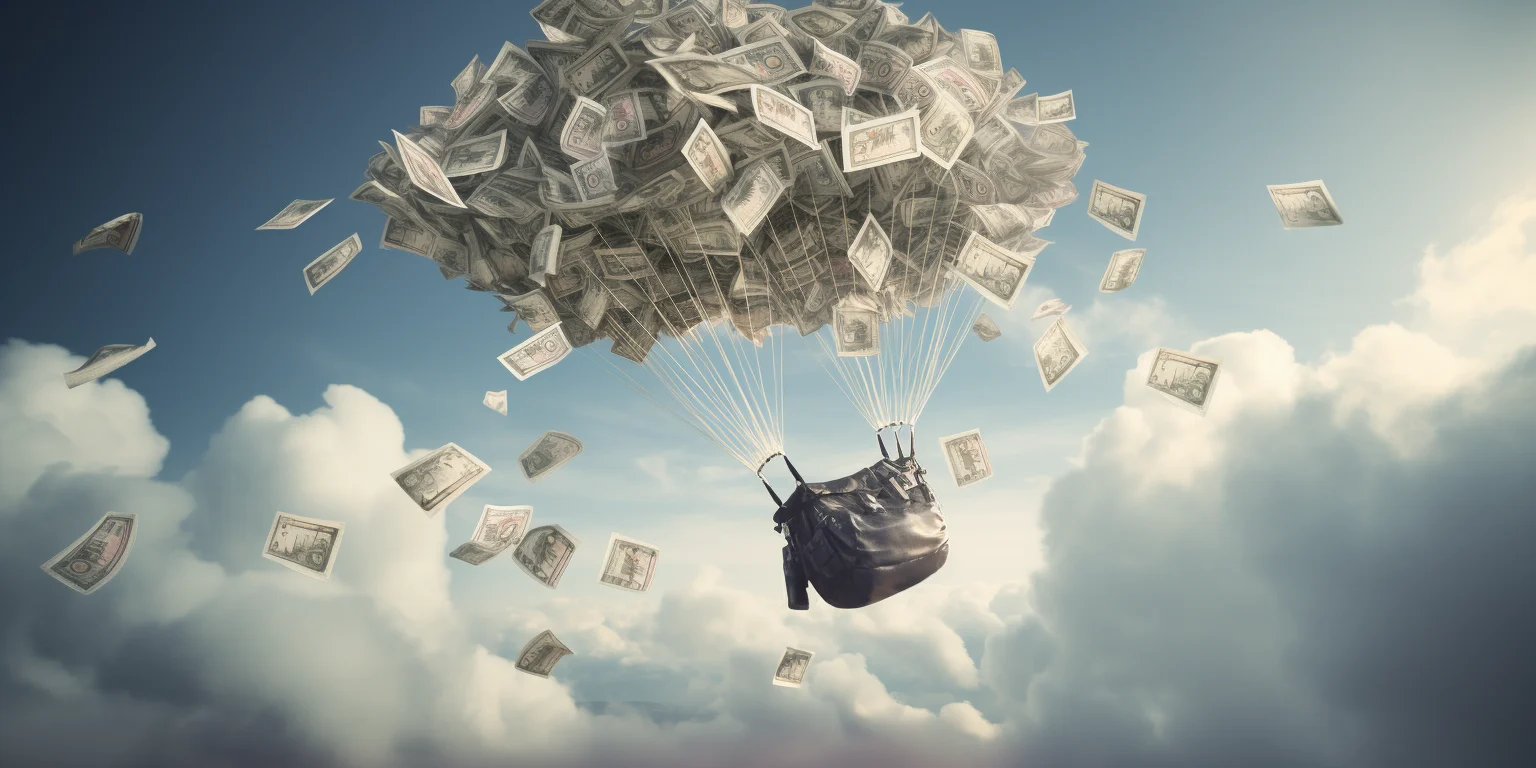 A bag of money falling from the sky with a parachute
