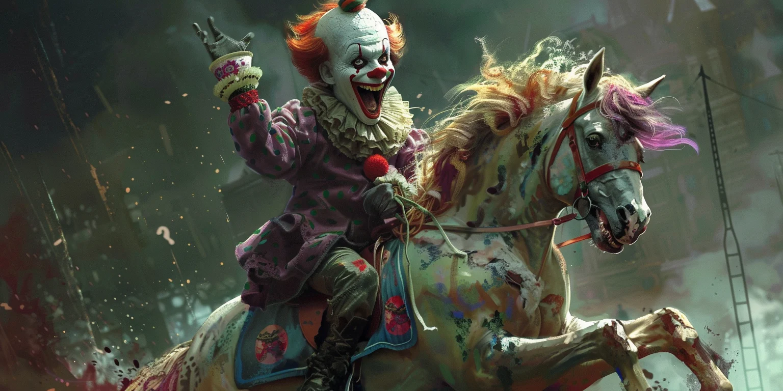 A creepy clow riding a pony