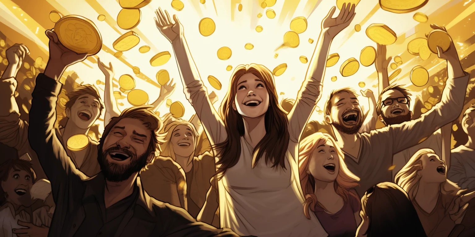 A crowd of happy people holding gold coins