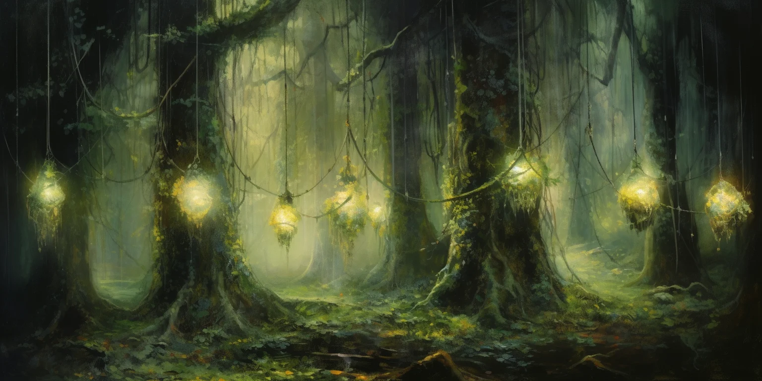 A dark fantasy forest with lanterns
