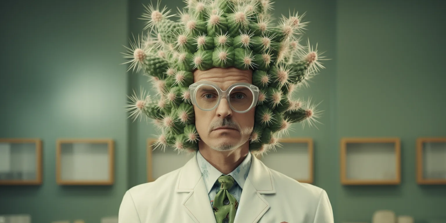 A scientist wearing a costume of a cactus
