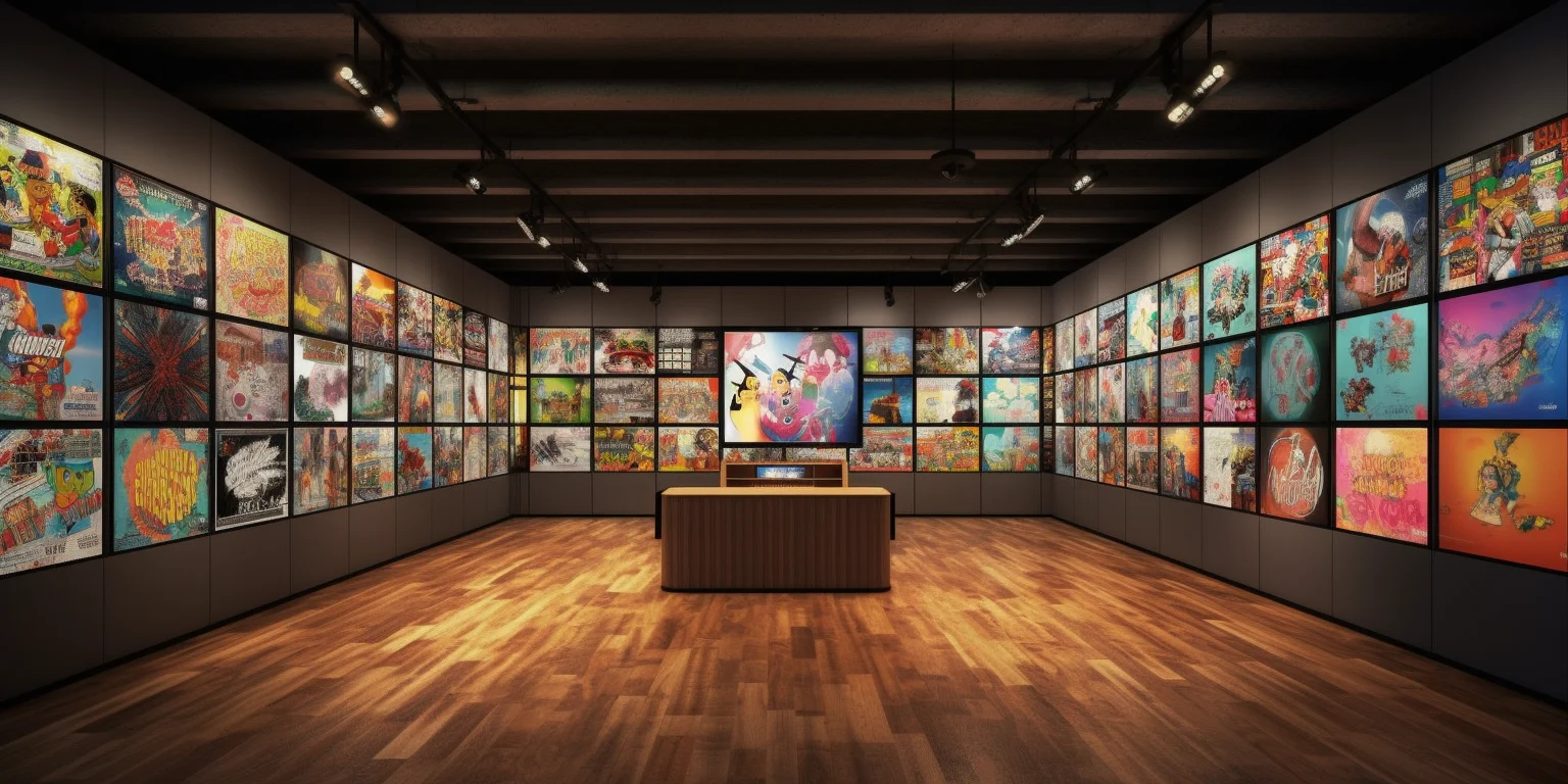 An art gallery with tv screens instead of paintings on the walls