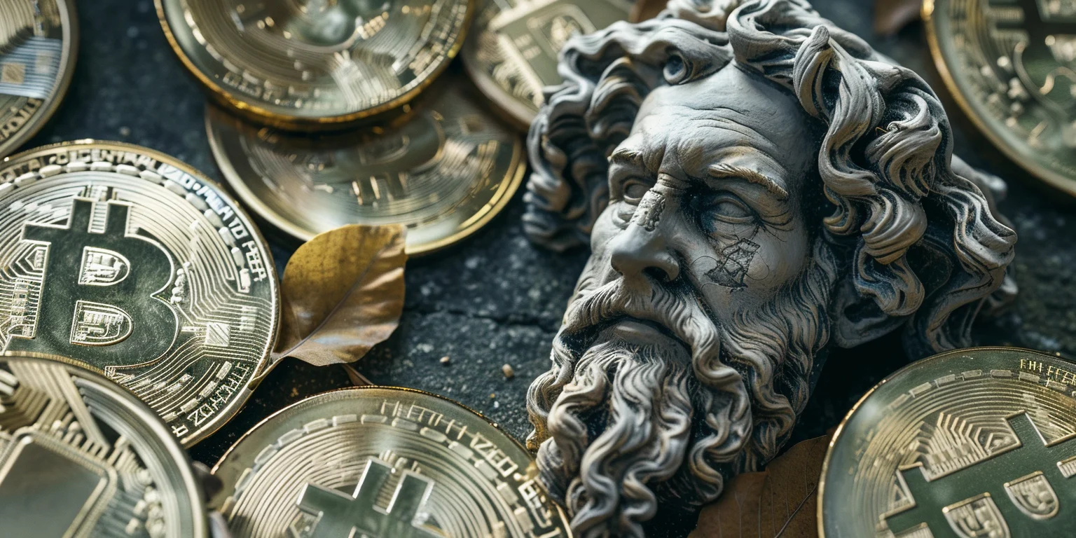 Ancient Greek tragedy actor surrounded by Bitcoins