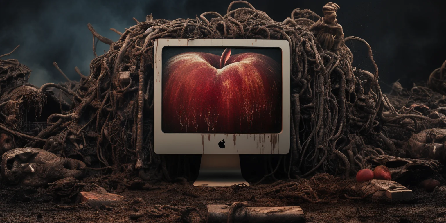 Apple computer surrounded by worms