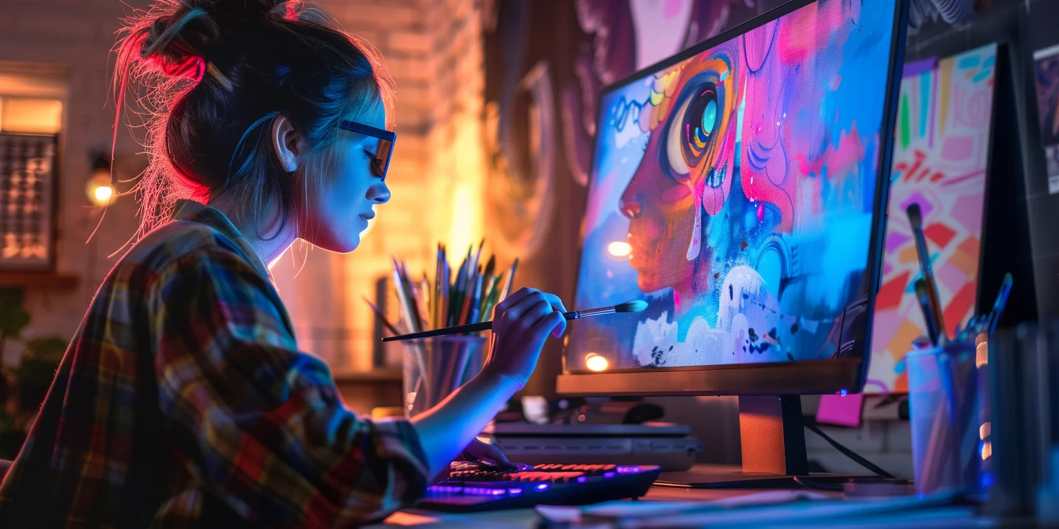 Artist painting on the computer screen