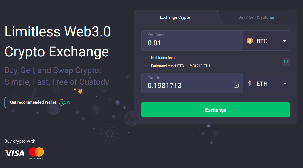 ChangeNOW crypto exchange home page