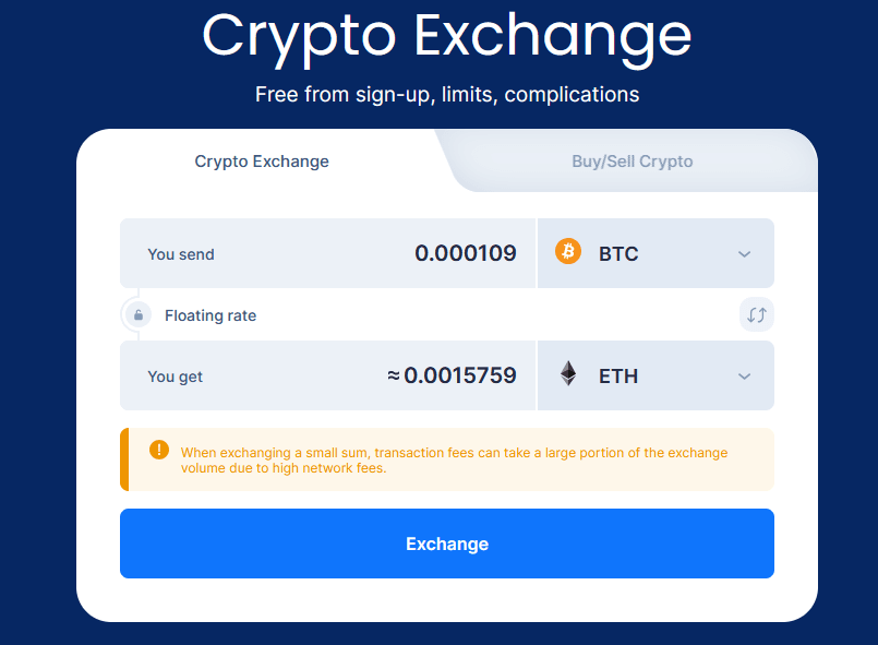 SimpleSwap crypto exchange home page