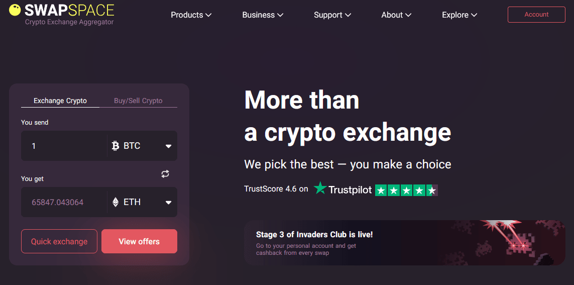SwapSpace crypto exchange home page