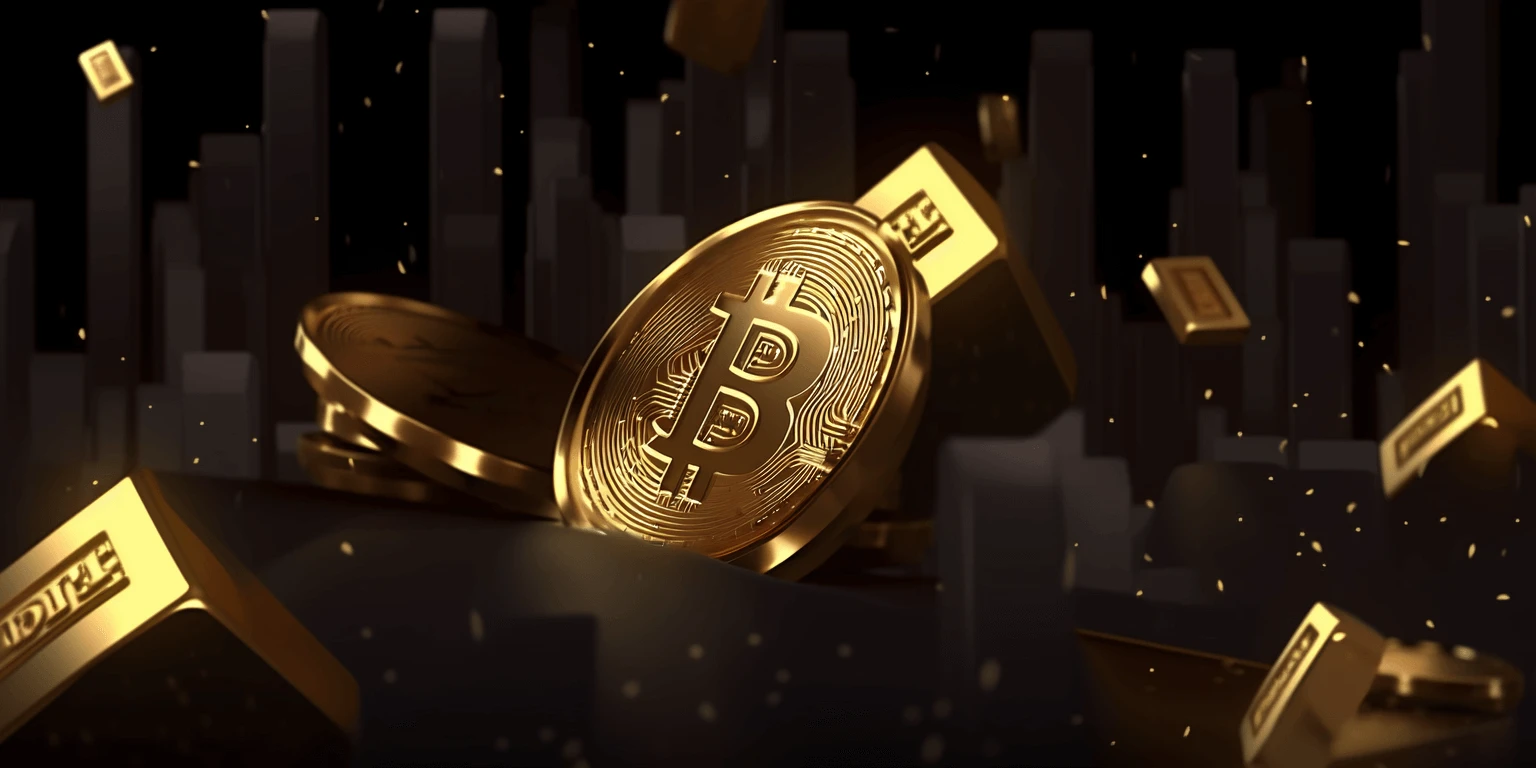 Bitcoin and gold bars, art generated by Midjourney.