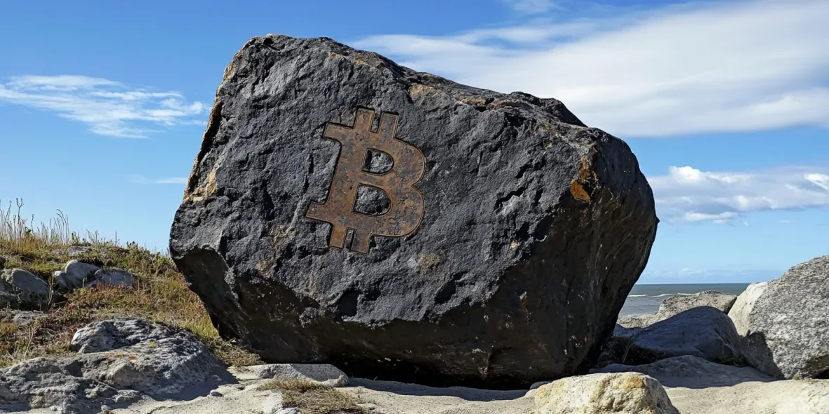 Bitcoin symbol on a black rock