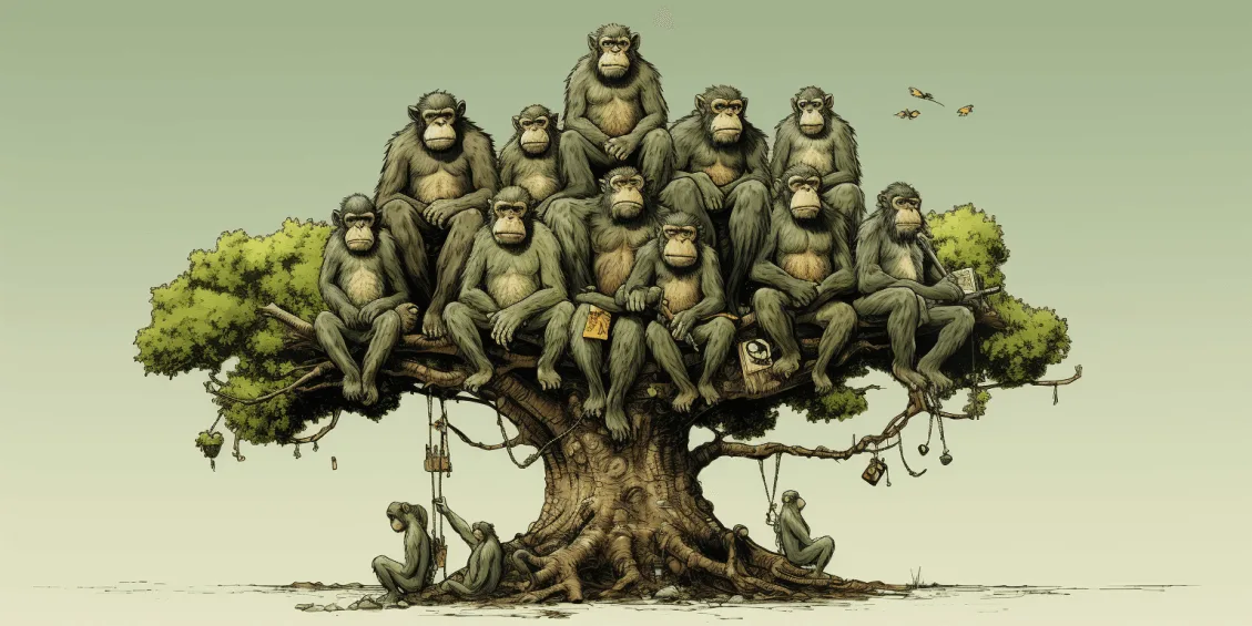 Bored apes sitting on a tree